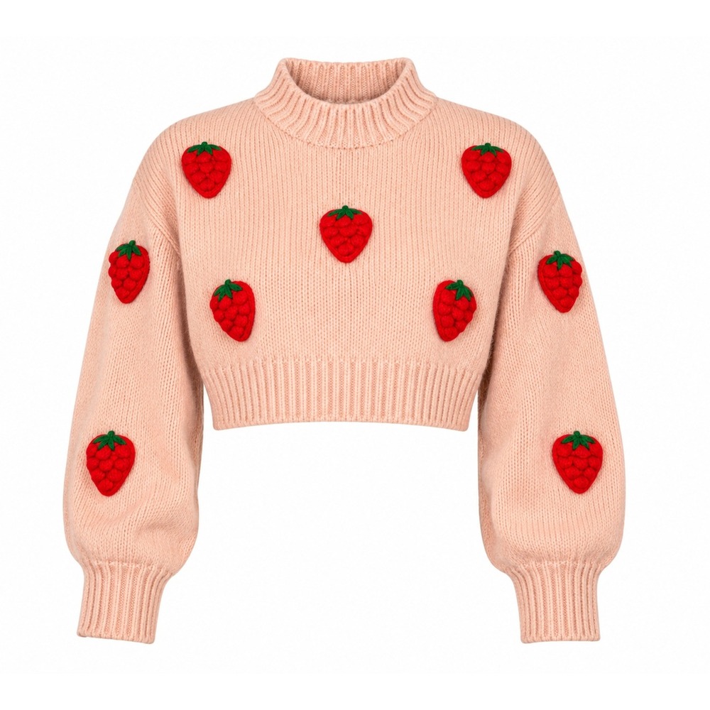Crop Top Sweater Teen Pink 3D Strawberry Applique Cottagecore Coquette Kawaii